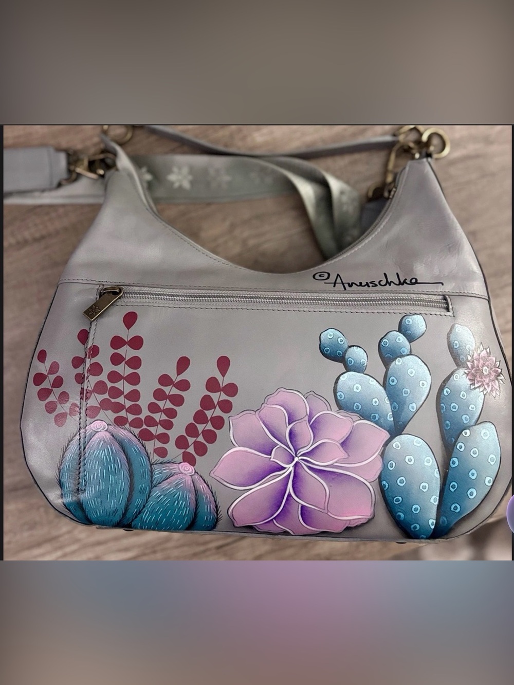Anuschka Gray Leather Cactus Shoulder Bag